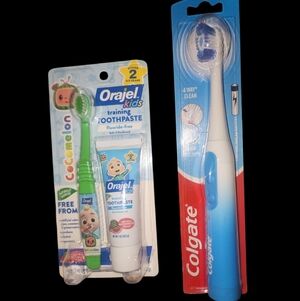 1 Adult Colgate Floss Tip 360 Battery Powered And 1 Orajel Cocomelon 0-3 Trainin